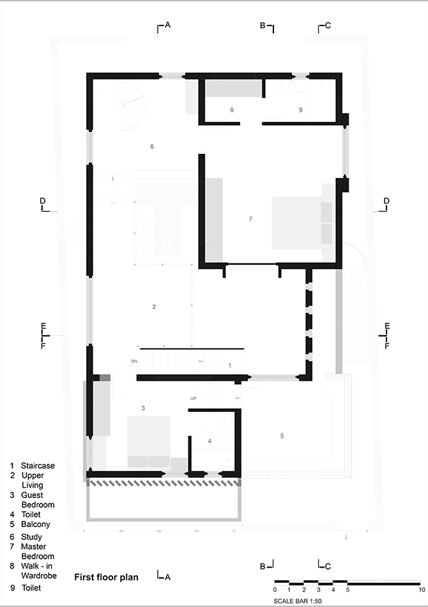 First floor plan of Dr. V Residence multi-level courtyard home