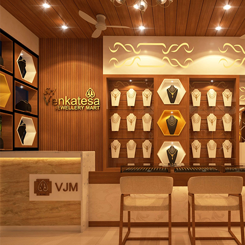 Modern jewellery showroom interiors in Trichy designed with smart lighting and premium displays to elevate every piece