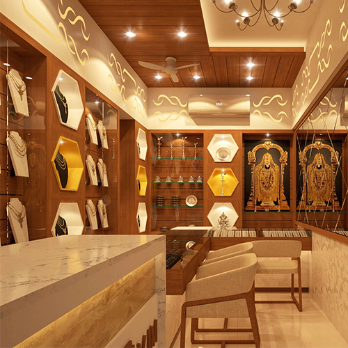 Modern jewellery showroom interiors in Trichy designed with smart lighting and premium displays to elevate every piece